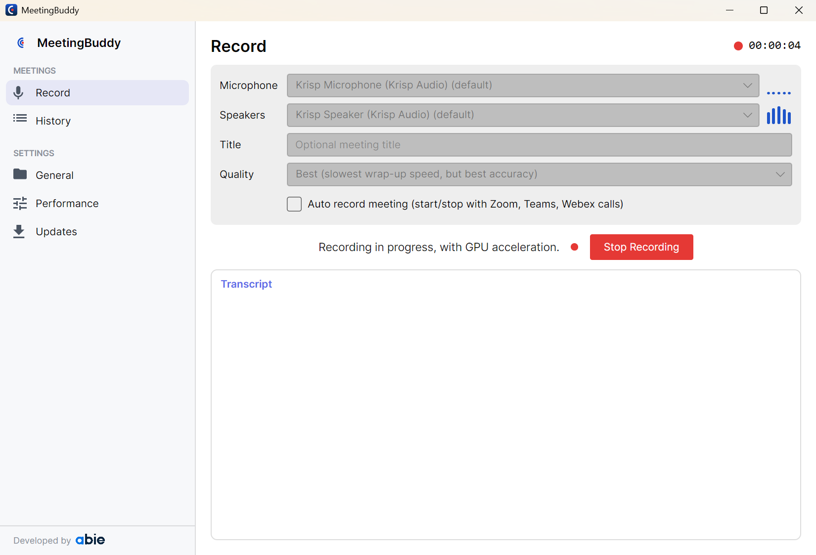 MeetingBuddy: the Record screen with microphone and speaker pickers, a quality setting, and a live transcript panel.