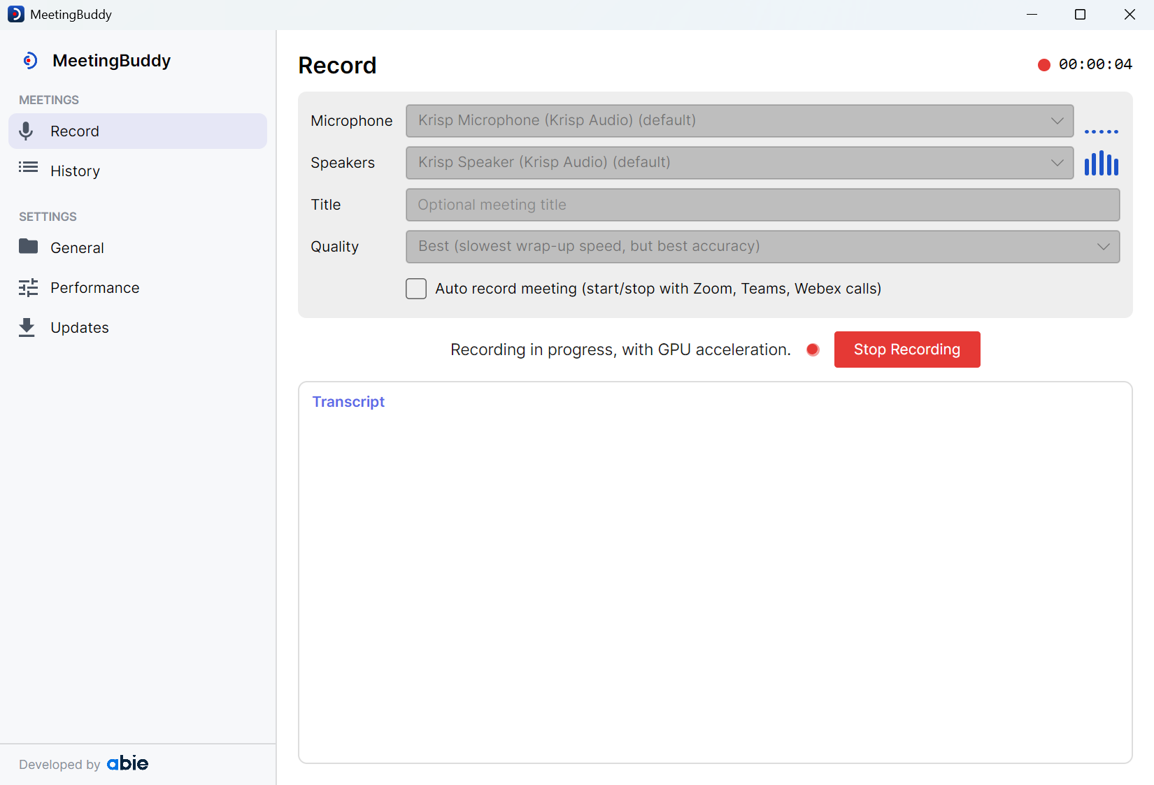 MeetingBuddy: the Record screen with microphone and speaker pickers, a quality setting, and a live transcript panel.